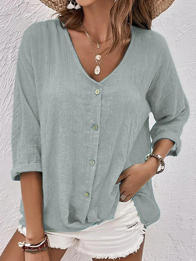 Women's Stylish Linen Blouse with V-Neck Design