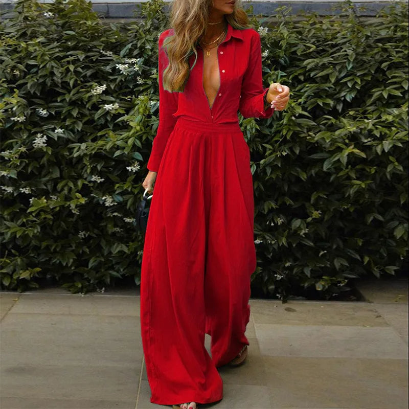 Women's Buttoned Elastic Waist Outfit set