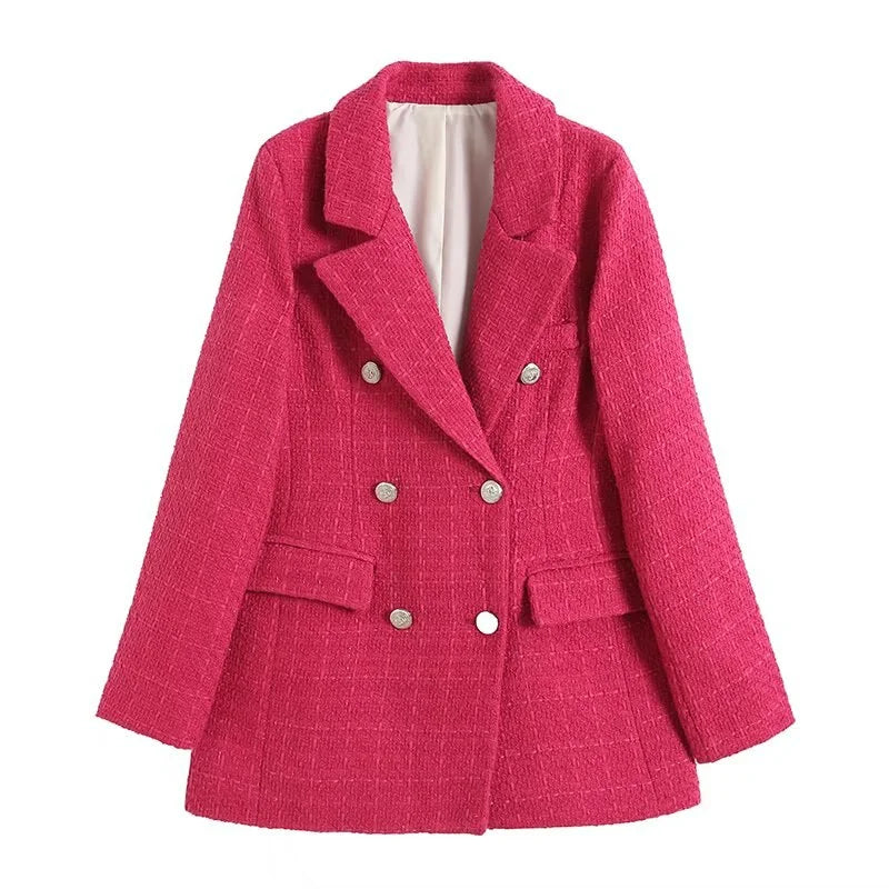 Women's Trendy Mid-Length Pink Tweed Blazer with Pockets | Perfect for Casual Days