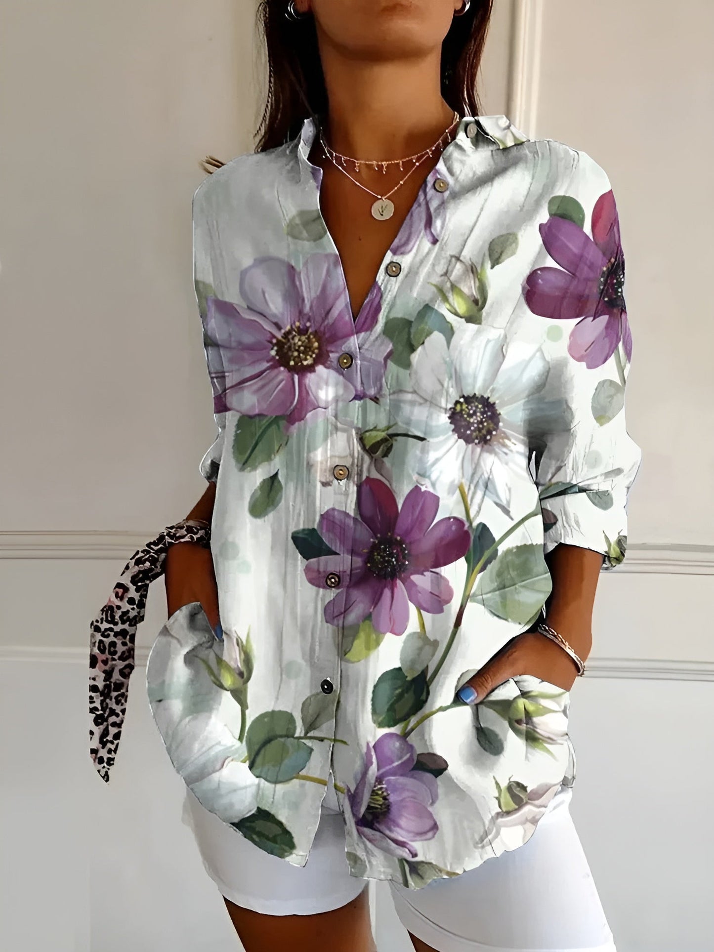 Variant image for Women's Elegant Lightweight Button-Up Shirt with Floral Design-13