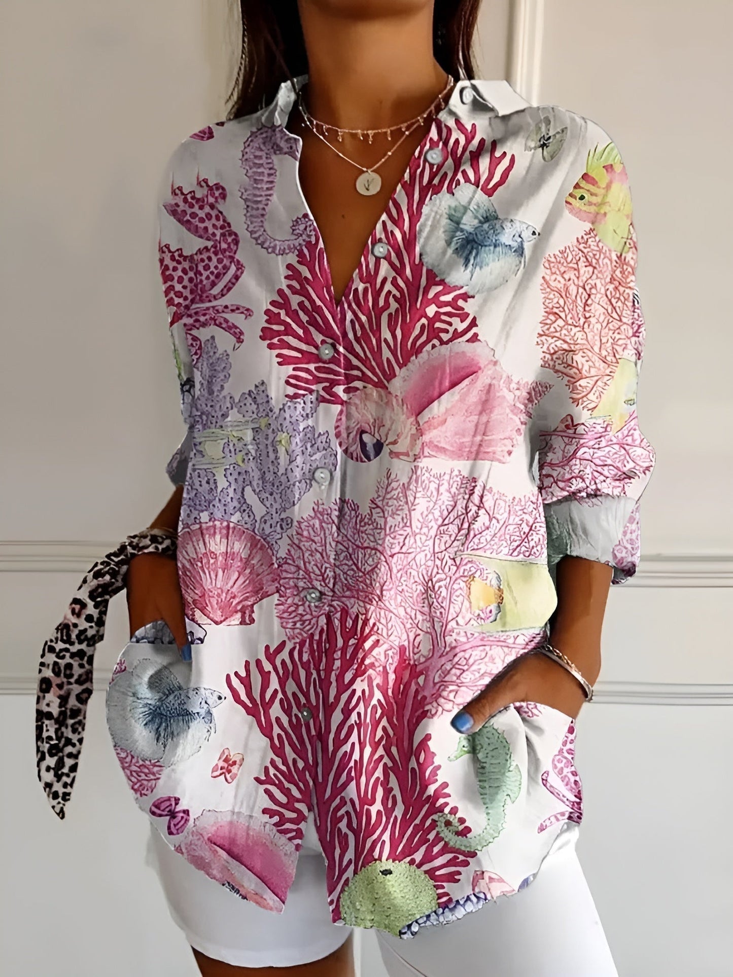 Women's Button-Up Shirt with Floral Design