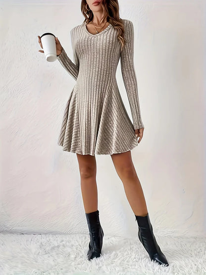 Stylish Ribbed V-Neck A-Line Long Sleeve Formal Dress for Women | For Formal Occasions