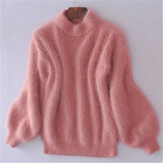 Women's Pink Loose Oversized Cashmere Turtleneck Jumper in Solid Colour | Ideal for Winter