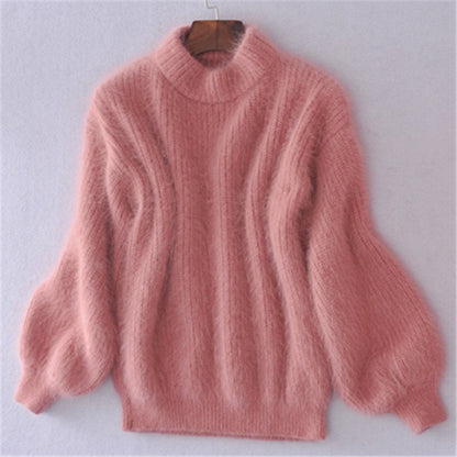 Women's Pink Loose Oversized Cashmere Turtleneck Jumper in Solid Colour | Ideal for Winter