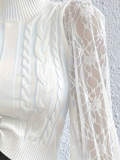 Women's Casual Contrast Mesh White Long Sleeve Turtleneck Jumper | Ideal for Winter