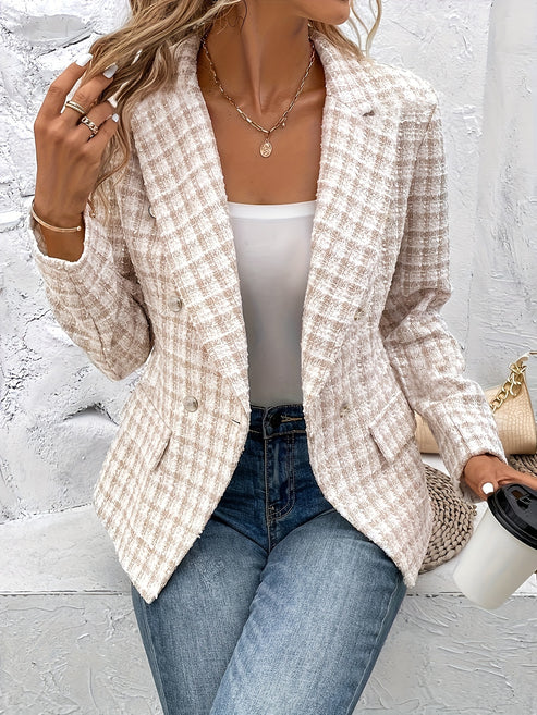 Women's Elegant Business Double-Breasted Blazer with Plaid Pattern | For Formal Occasions