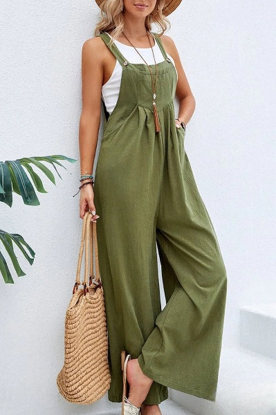 Women's Loose Square Neck Linen Jumpsuit with Adjustable Strap | Ideal for Summer