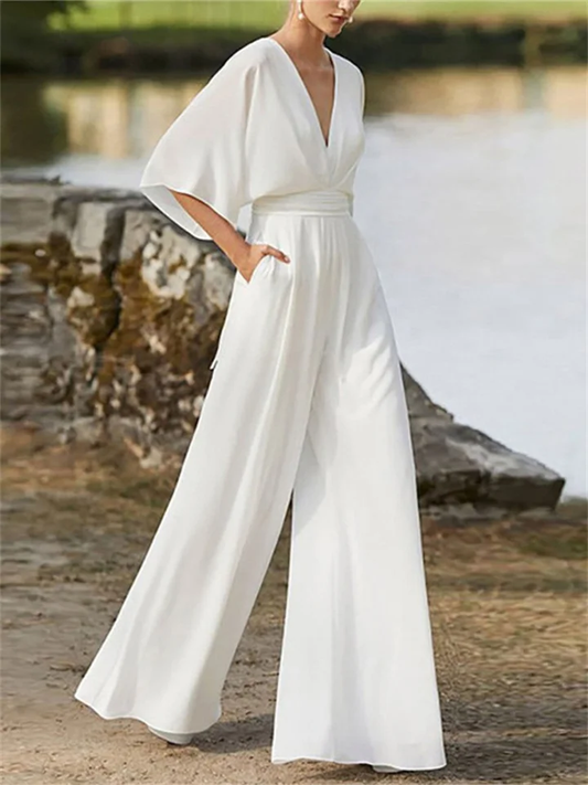 Women's Stylish Wide Leg V-neck Jumpsuit with Batwing Sleeve | Ideal for Summer