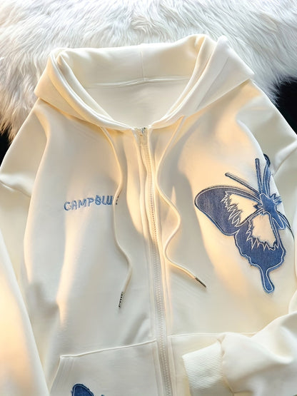 Women's Casual Oversized Hoodie with Butterfly Print Pocket and Zipper | Perfect for Casual Days