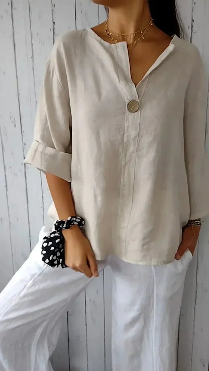 Women's Comfortable Cotton and Linen Top with Classic V-Neck Design