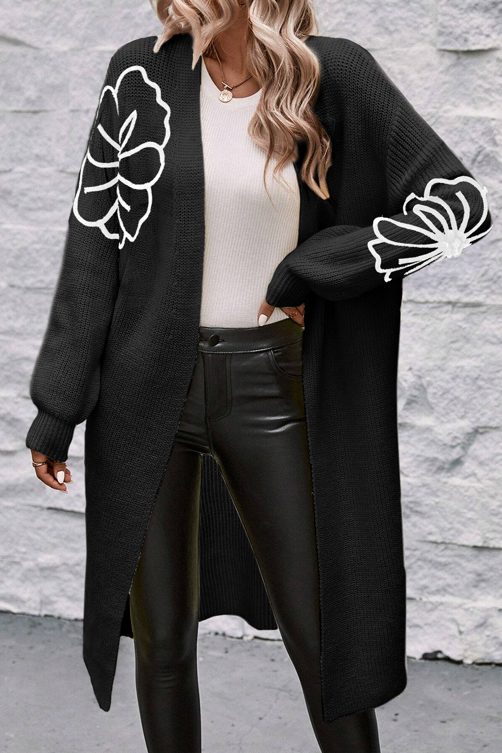 Women's Chic Long Open Drop Shoulder Cardigan with Floral Embroidery | Ideal for Winter