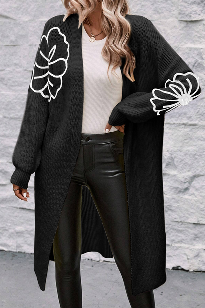 Women's Chic Long Open Drop Shoulder Cardigan with Floral Embroidery | Ideal for Winter
