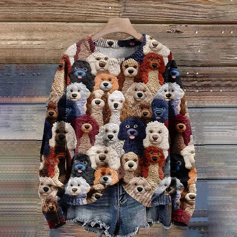 Women's Trendy Knitted Multicoloured Jumper with Dog Print | Ideal for Winter