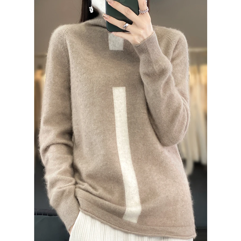 Women's Soft High-Neck Knitted Jumper with One Stripe | Ideal for Winter