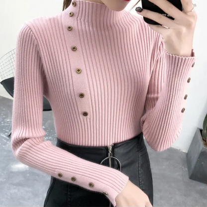 Women's Stretchy Turtleneck Knitted Jumper with Buttons for Women | Ideal for Winter