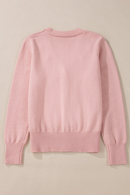 Women's Refined Textured Pink Cashmere Knit Button-Up Cardigan with Pearls| Ideal for Winter