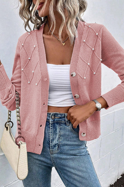 Women's Refined Textured Pink Cashmere Knit Button-Up Cardigan with Pearls| Ideal for Winter