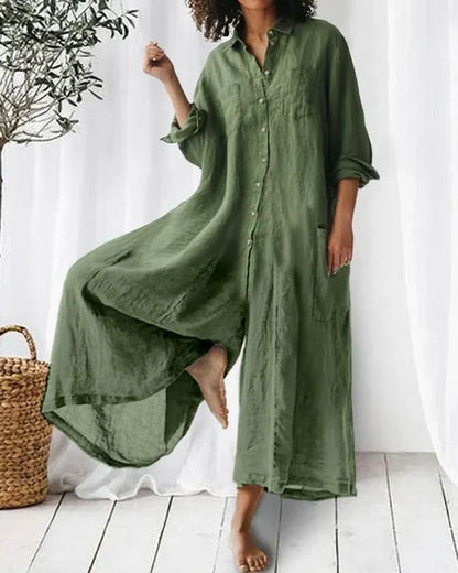 Women's Oversized V-Neck Long Sleeve Linen Jumpsuit with Buttons | Ideal for Summer