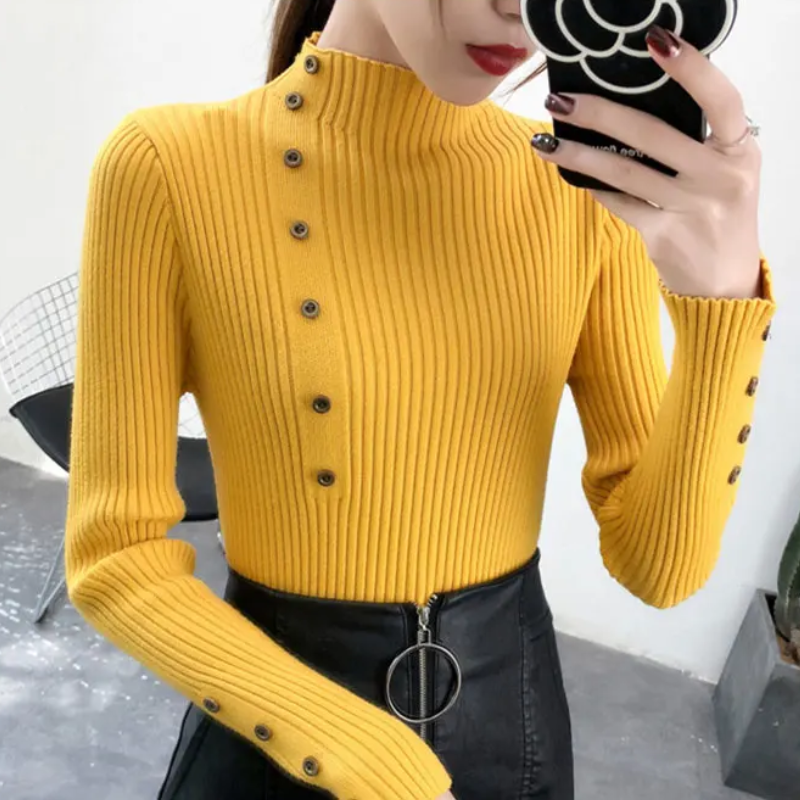 Women's Stretchy Turtleneck Knitted Jumper with Buttons for Women | Ideal for Winter