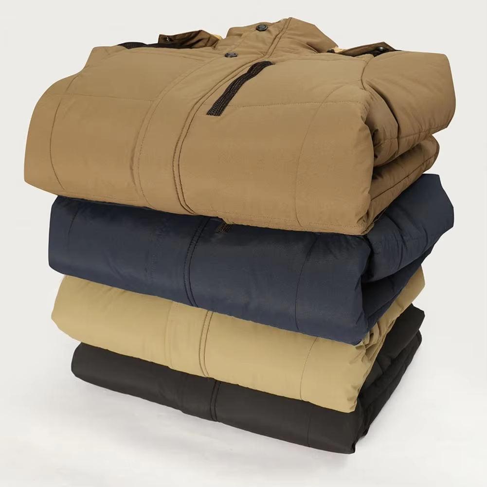 The colors identified in the image are:

- Brown (top jacket)
- Blue (second jacket)
- Beige (third jacket, but not among specified colors)
- Black (bottom jacket)

So, the relevant colors are:

- Brown
- Blue
- Black