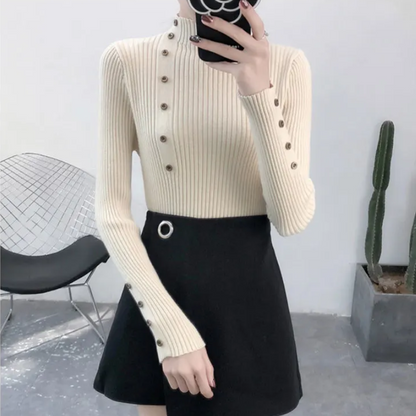 Women's Stretchy Turtleneck Knitted Jumper with Buttons for Women | Ideal for Winter