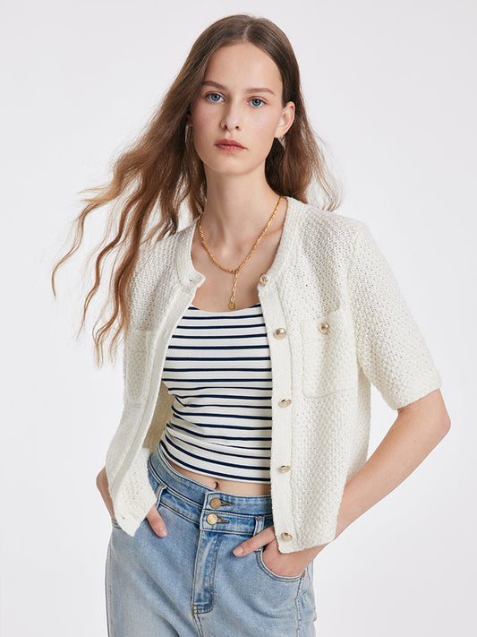Women's Elegant White Cashmere Button-Up Cardigan with Chest Pocket | Ideal for Winter