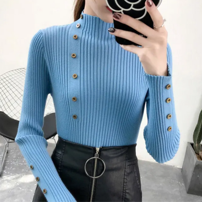 Women's Stretchy Turtleneck Knitted Jumper with Buttons for Women | Ideal for Winter