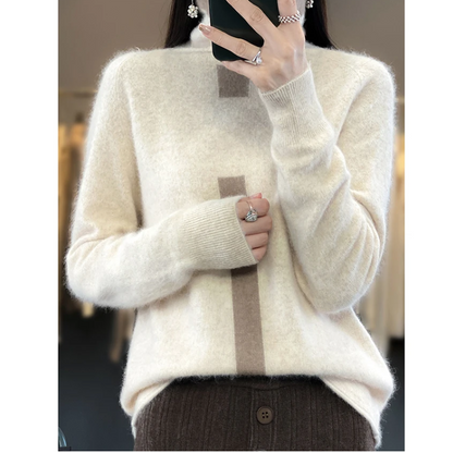 Women's Soft High-Neck Knitted Jumper with One Stripe | Ideal for Winter