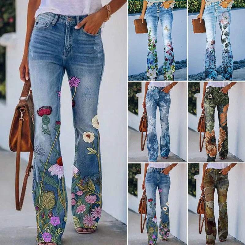 Women's Classic Floral Print Flared Pants with Buttons | Perfect for All Seasons