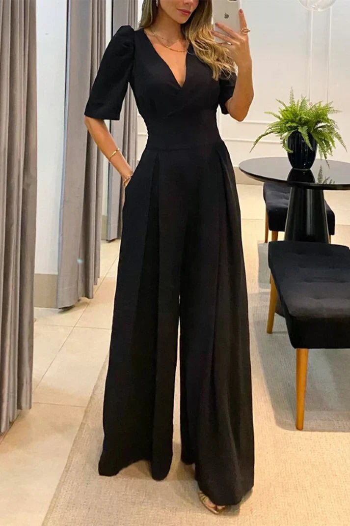 Women's Elegant Wide-Leg V-Neck Short Sleeve Jumpsuit  | Ideal for Summer