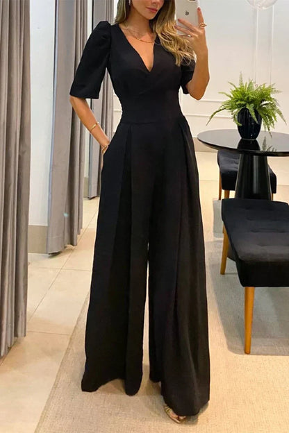 Women's Elegant Wide-Leg V-Neck Short Sleeve Jumpsuit  | Ideal for Summer
