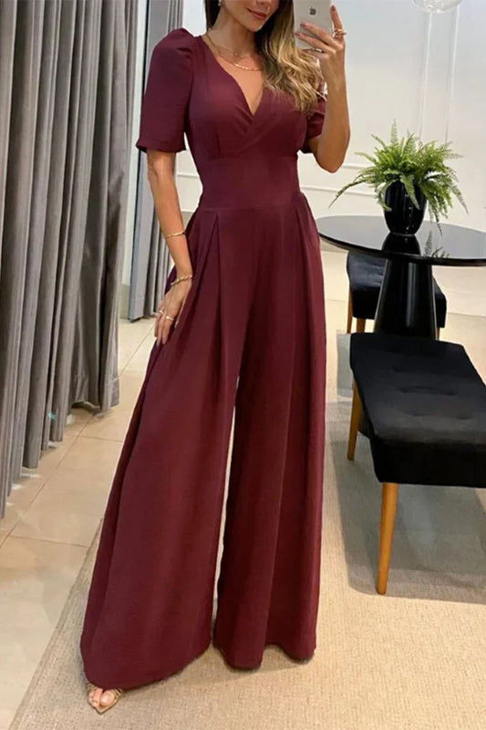 Women's Elegant Wide-Leg V-Neck Short Sleeve Jumpsuit  | Ideal for Summer