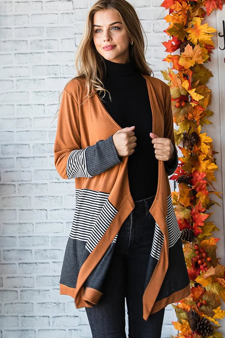 Women's Casual Striped Color Panel Knitted Cardigan | Ideal for Winter