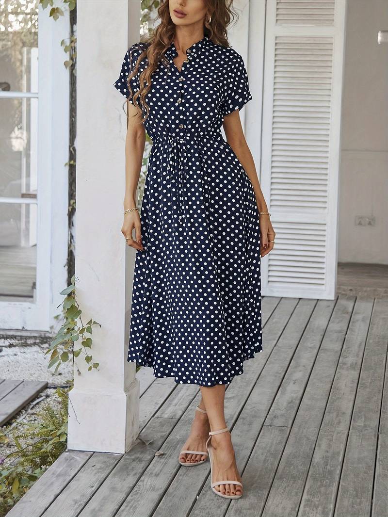 Variant image for Women's Charming Polyester A-Line Dress with V-Neck and Polka Dot Print-17