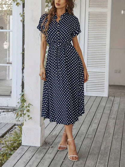 Variant image for Women's Charming Polyester A-Line Dress with V-Neck and Polka Dot Print-17