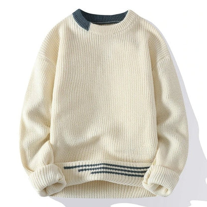 Men's Casual Knitted Jumper with Contrast Collar and Striped Hem | Ideal for Winter