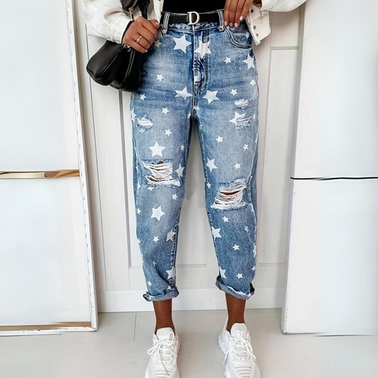 Women's Stylish Star-Pattern High-Waist Ripped Jeans  | Good for Casual Days