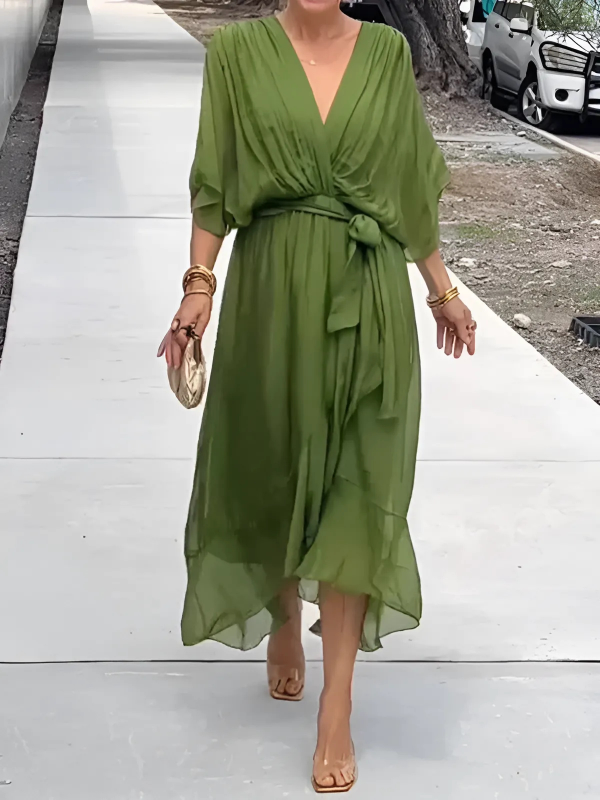 Women's Elegant Lightweight Wrap Midi Dress with Adjustable Fit