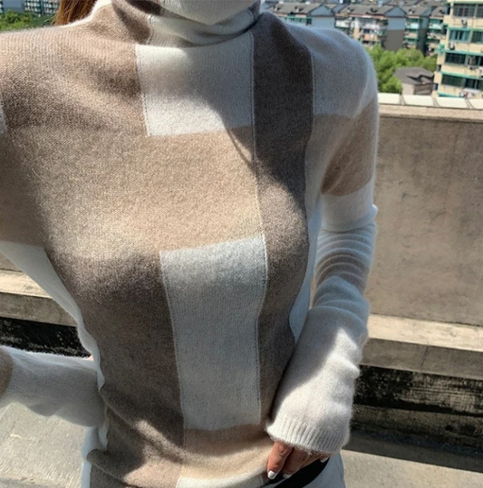 Women's Elegant Slim Fit Checked Knitted Turtleneck Jumper | Ideal for Winter