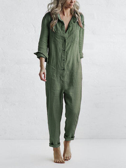 Women's Casual Long Sleeve Linen Jumpsuit with Buttons | Ideal for Summer