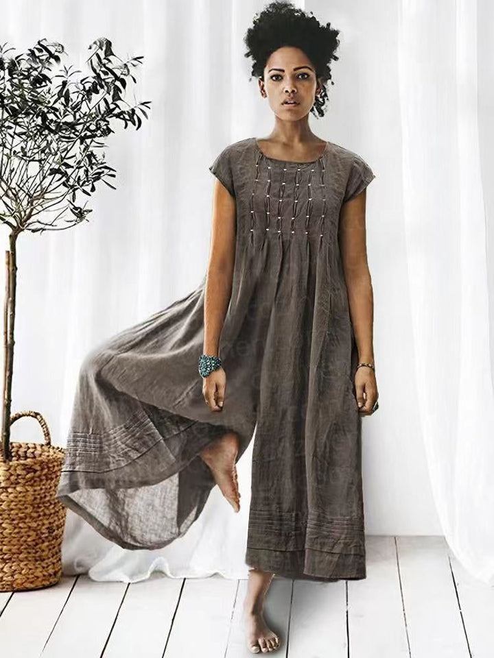 Women's Wide-Leg Button-Down Short Sleeve Linen Jumpsuit | Ideal for Summer