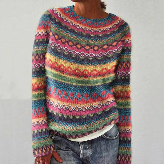 Elegant Long-Sleeved Jumper with Multicolored Print for Women | Ideal for Winter