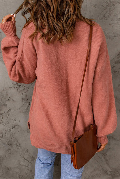 Women's Oversize Pink Round Neck Knit Jumper with Pocket | Ideal for Winter