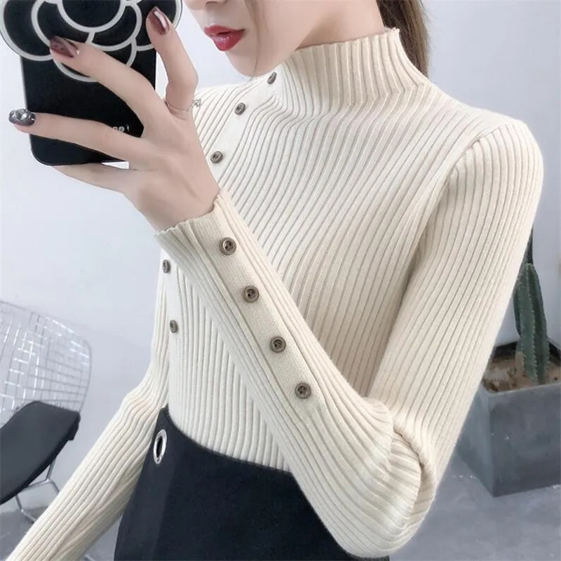 Women's Stretchy Turtleneck Knitted Jumper with Buttons for Women | Ideal for Winter