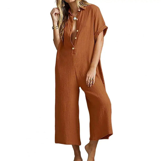 Women's Textured Short Sleeve Jumpsuit with Buttons | Ideal for Summer