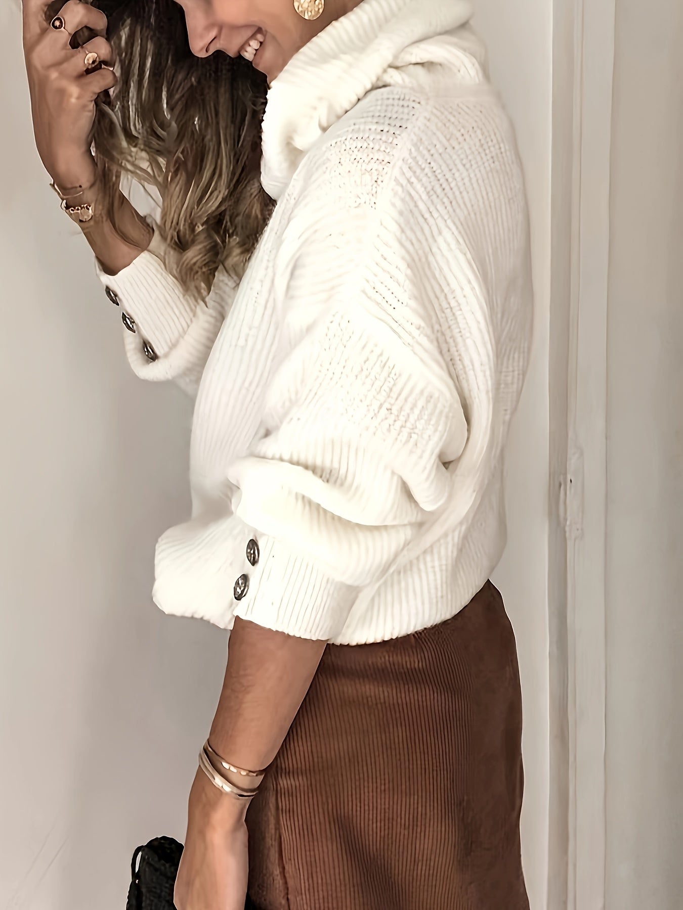 Women's Casual Beige Turtleneck Jumper with Long Sleeves and Button Details | Ideal for Winter