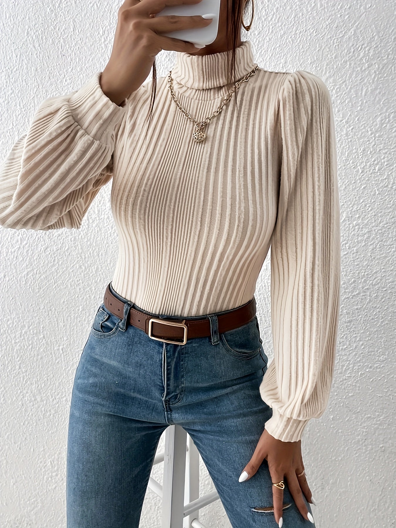 Women's Elegant Beige Ribbed Turtleneck Jumper | Ideal for Winter