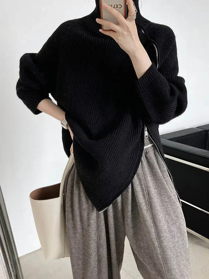 Women's Warm Loose Turtleneck Jumper with Side Zipper | Ideal for Winter