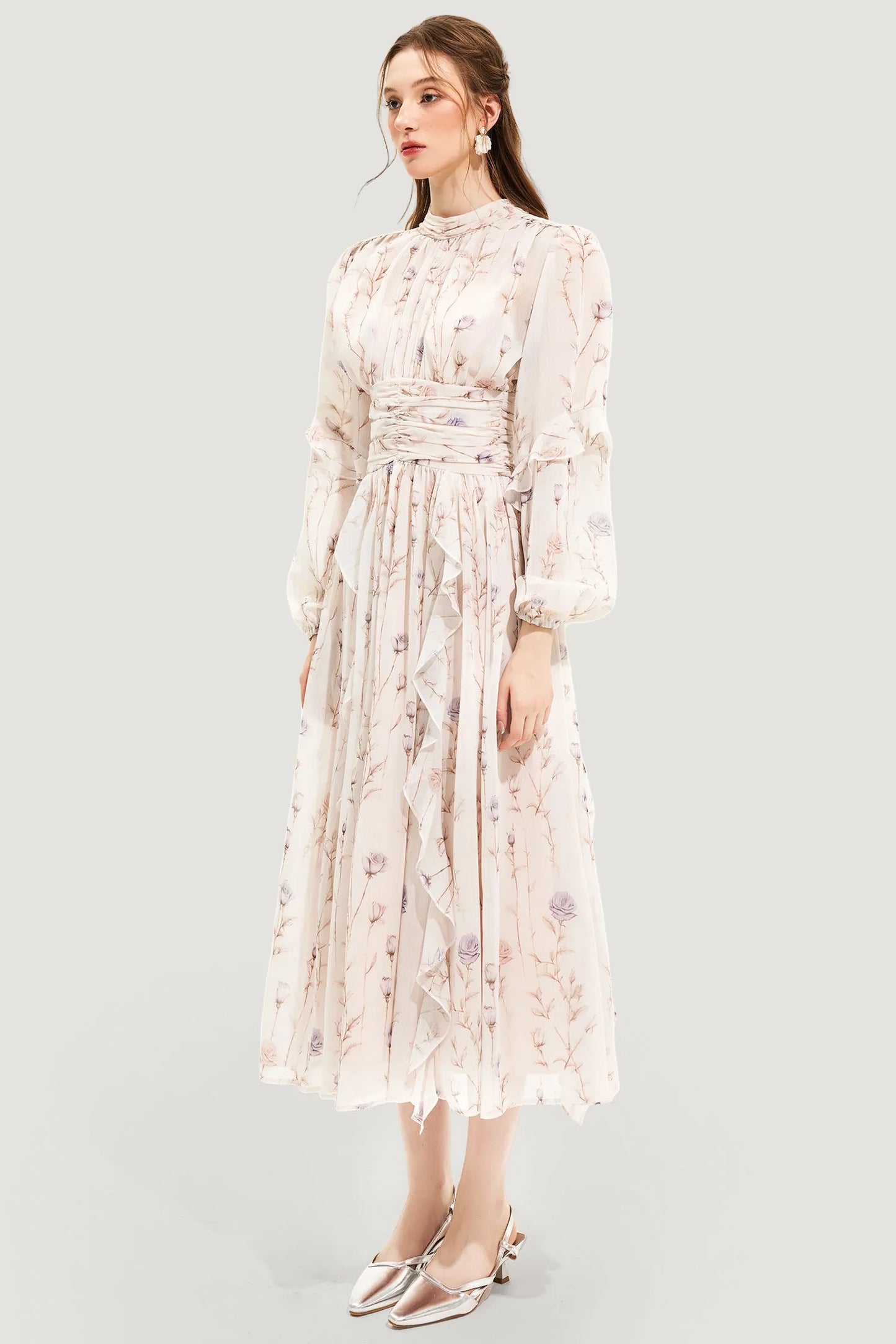 Women's Elegant Lightweight Floral Maxi Dress with Pleated Skirt
