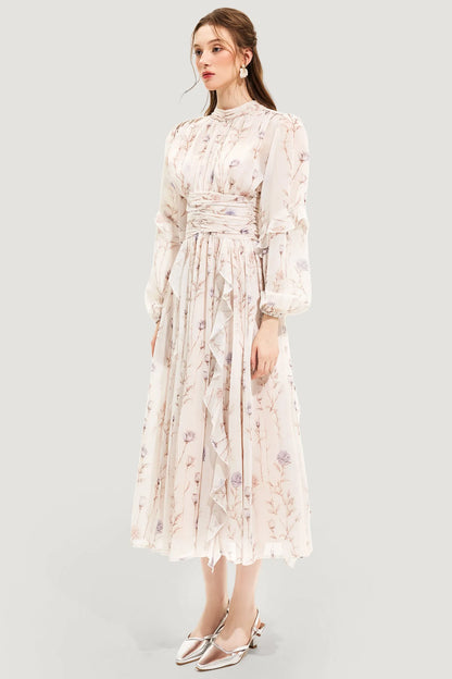 Women's Elegant Lightweight Floral Maxi Dress with Pleated Skirt